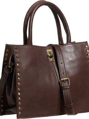 NEW MARTA PONTI Studded Satchel in Chocolate Leather Crossbody Strap NWT